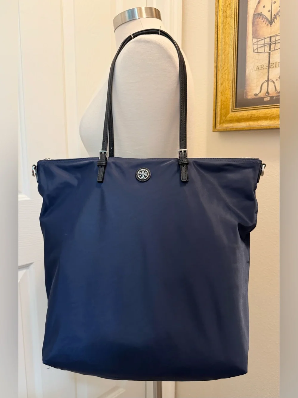 Tory Burch Navy Virginia Nylon Tote Zip Top Removable Canvas Strap EUC